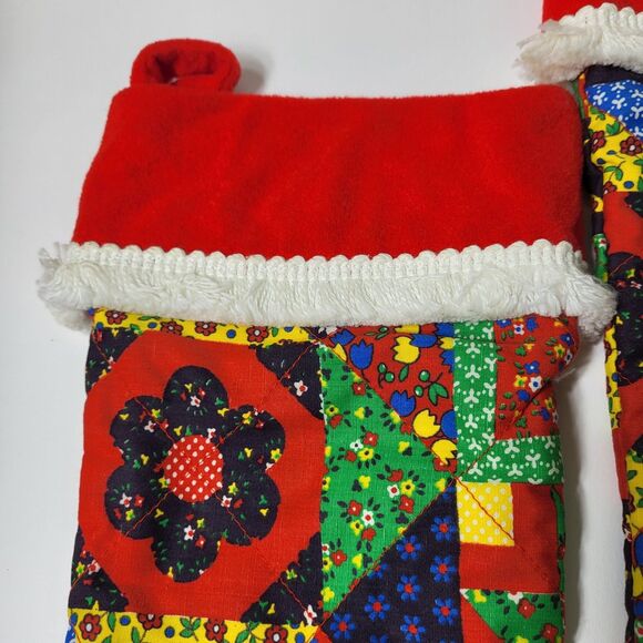 Vintage Patchwork Christmas Stocking Primitive Farmhouse Fringe Set of 2 - Picture 13 of 16